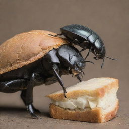 A detailed close-up of a beetle eating a piece of bread, while balanced on top of a rhinoceros' back.