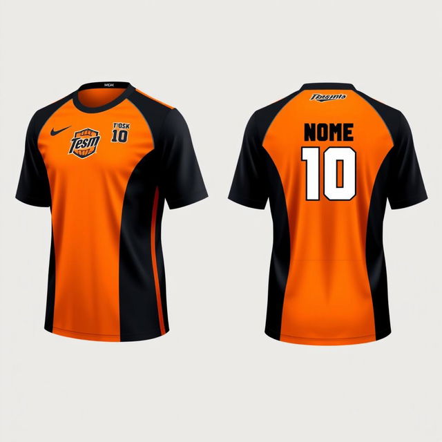 Create an orange volleyball jersey with a black gradient, showing both the front and back views