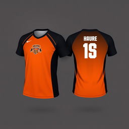 Create an orange volleyball jersey with a black gradient, showing both the front and back views