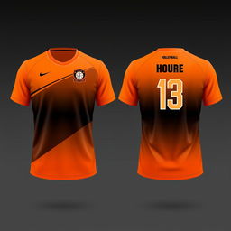 Create an orange volleyball jersey with a black gradient, showing both the front and back views