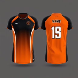 Create an orange volleyball jersey with a black gradient, showing both the front and back views