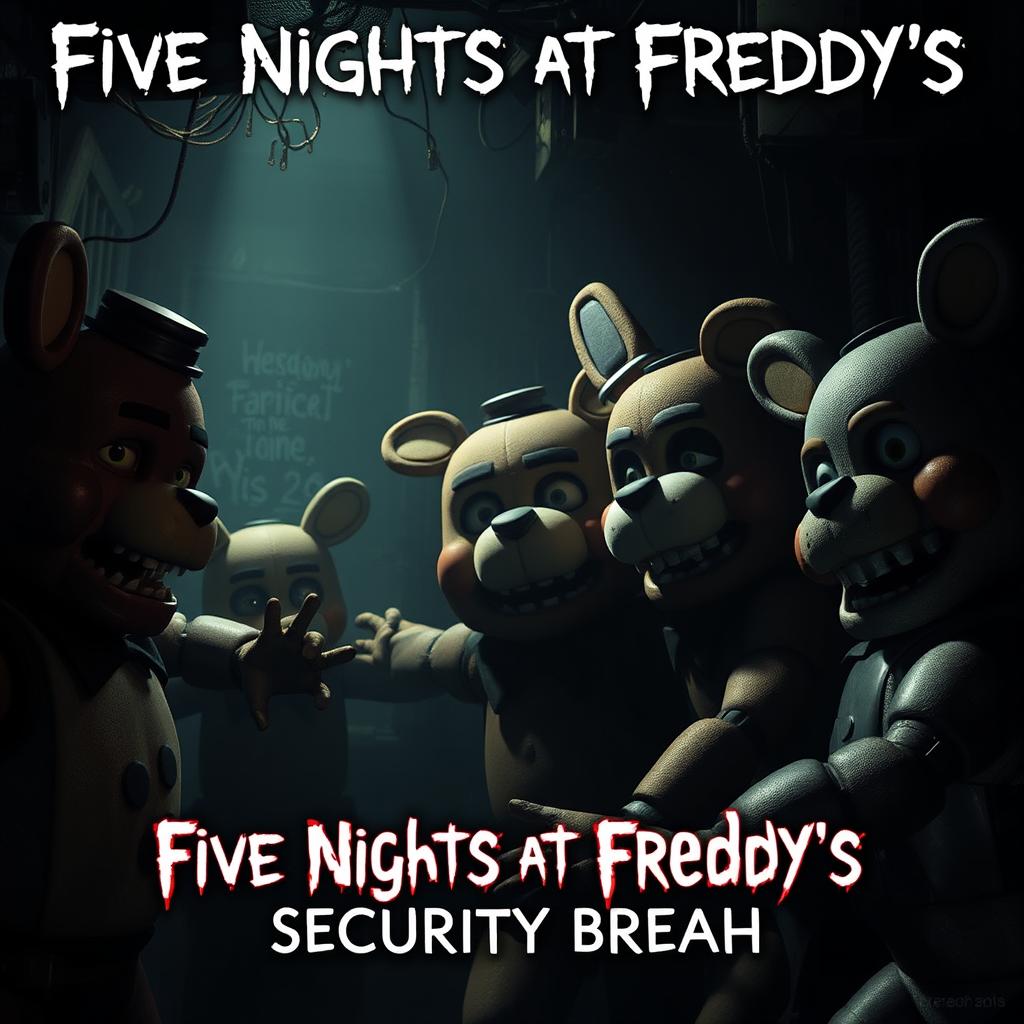 A detailed scene from Five Nights at Freddy's: Security Breach, featuring animatronic characters in a dark, eerie setting