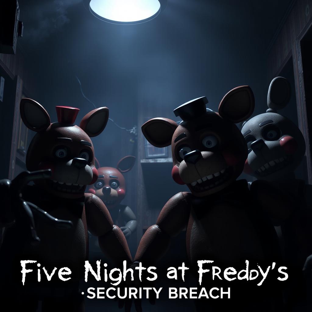 A detailed scene from Five Nights at Freddy's: Security Breach, featuring animatronic characters in a dark, eerie setting