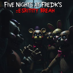 A detailed scene from Five Nights at Freddy's: Security Breach, featuring animatronic characters in a dark, eerie setting