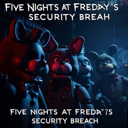 A detailed scene from Five Nights at Freddy's: Security Breach, featuring animatronic characters in a dark, eerie setting