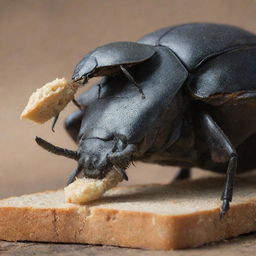 A detailed close-up of a beetle eating a piece of bread, while balanced on top of a rhinoceros' back.