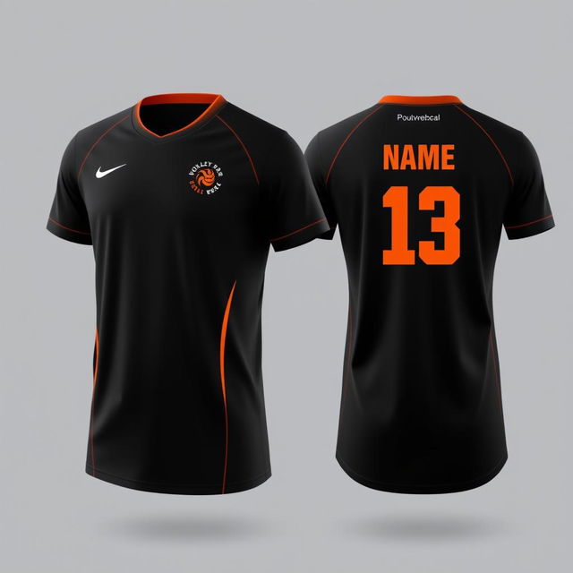 Create a black volleyball jersey with an orange gradient, showing both the front and back views