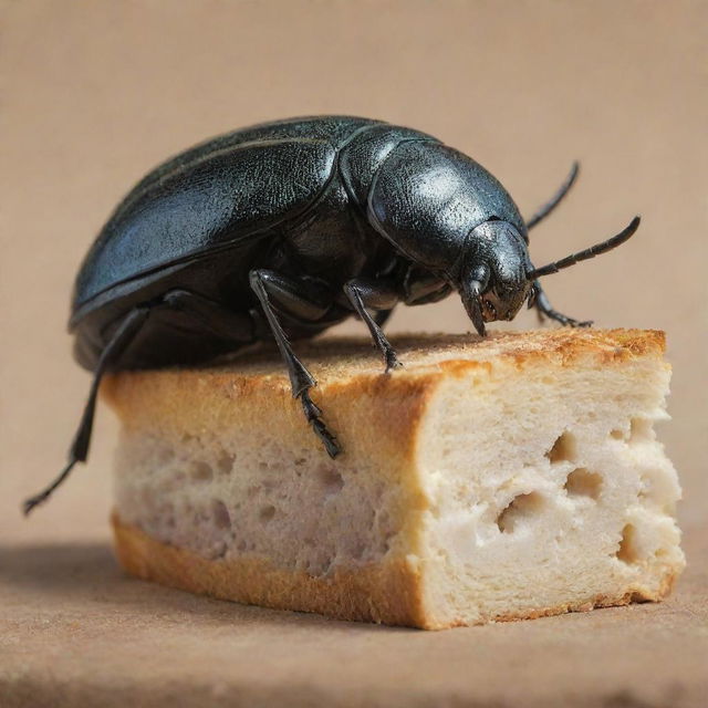 A detailed close-up of a beetle eating a piece of bread, while balanced on top of a rhinoceros' back.