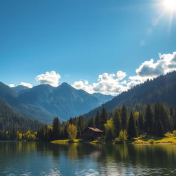 A beautiful landscape featuring a serene lake surrounded by lush forests and majestic mountains in the background