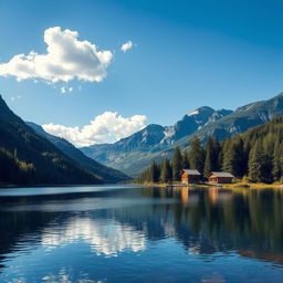 A beautiful landscape featuring a serene lake surrounded by lush forests and majestic mountains in the background