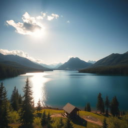 A beautiful landscape featuring a serene lake surrounded by lush forests and majestic mountains in the background