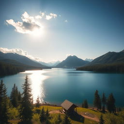 A beautiful landscape featuring a serene lake surrounded by lush forests and majestic mountains in the background