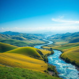 Create an image that features a beautiful landscape with rolling hills, a clear blue sky, and a sparkling river flowing through the middle