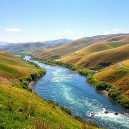 Create an image that features a beautiful landscape with rolling hills, a clear blue sky, and a sparkling river flowing through the middle