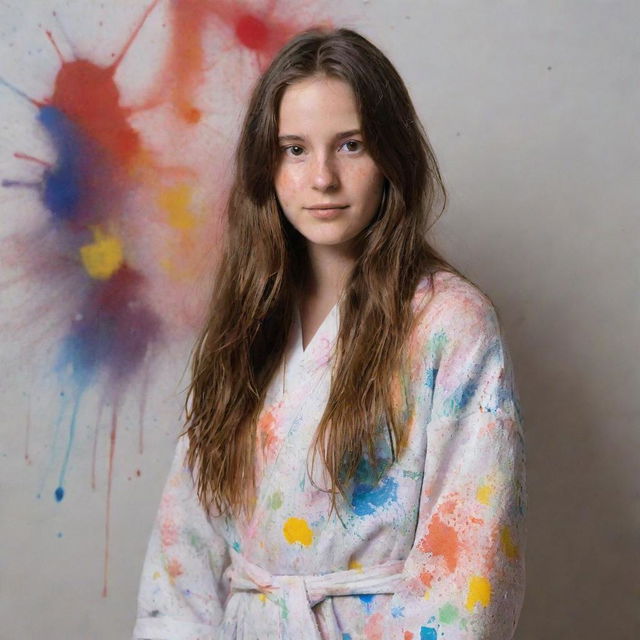 Young artist with long brown hair in a paint-splattered robe