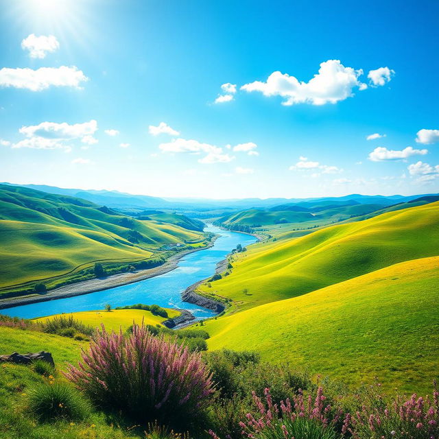 Create an image that features a beautiful landscape with rolling hills, a clear blue sky, and a sparkling river flowing through the middle