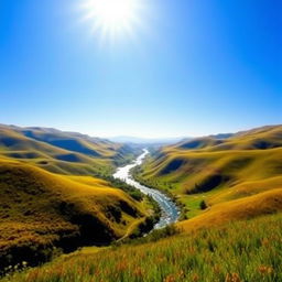 Create an image that features a beautiful landscape with rolling hills, a clear blue sky, and a sparkling river flowing through the middle