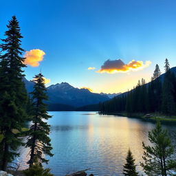 A serene landscape featuring a beautiful lake surrounded by tall pine trees, with a majestic mountain range in the background