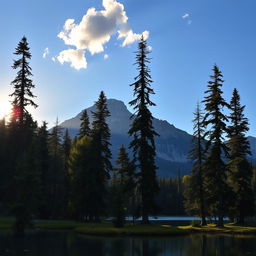 A serene landscape featuring a beautiful lake surrounded by tall pine trees, with a majestic mountain range in the background