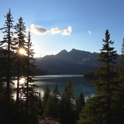 A serene landscape featuring a beautiful lake surrounded by tall pine trees, with a majestic mountain range in the background