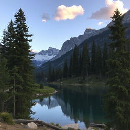 A serene landscape featuring a beautiful lake surrounded by tall pine trees, with a majestic mountain range in the background