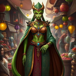 Illustrate Mistress Vasharra, a Yuan-ti Malison with sleek, serpentine features and striking green scales