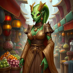 Illustrate Mistress Vasharra, a Yuan-ti Malison with sleek, serpentine features and striking green scales