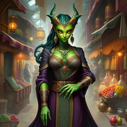 Illustrate Mistress Vasharra, a Yuan-ti Malison with sleek, serpentine features and striking green scales