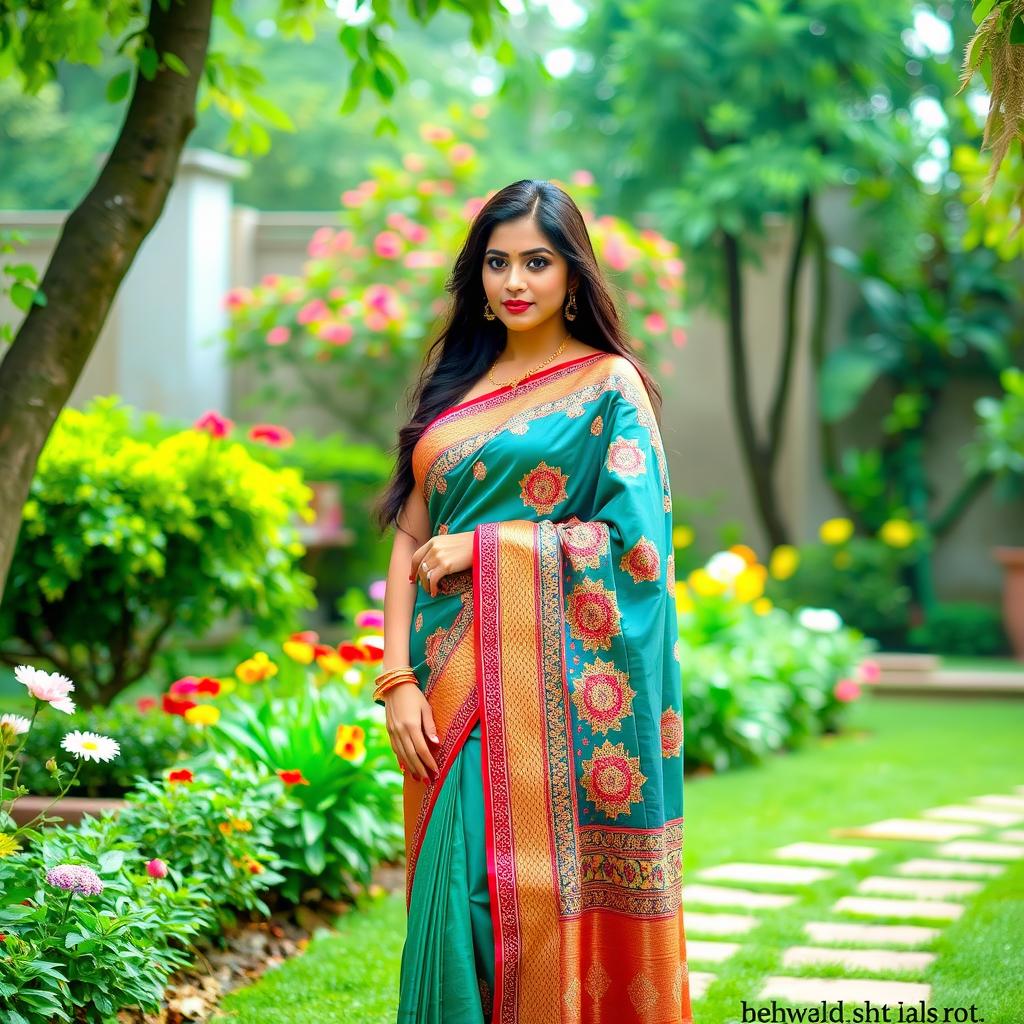 A beautiful woman wearing a traditional Indian saree, standing in a serene garden