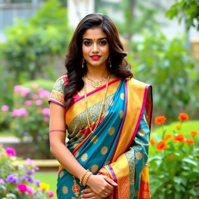 A beautiful woman wearing a traditional Indian saree, standing in a serene garden