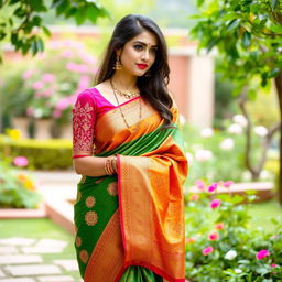 A beautiful woman wearing a traditional Indian saree, standing in a serene garden