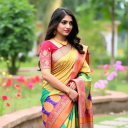 A beautiful woman wearing a traditional Indian saree, standing in a serene garden