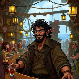 Depict Vyriss Darkwater, a rugged half-elf with dark, tousled hair and a weathered, adventurous look, standing behind the bar of his lively dockside tavern