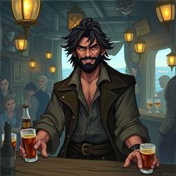 Depict Vyriss Darkwater, a rugged half-elf with dark, tousled hair and a weathered, adventurous look, standing behind the bar of his lively dockside tavern