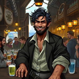 Depict Vyriss Darkwater, a rugged half-elf with dark, tousled hair and a weathered, adventurous look, standing behind the bar of his lively dockside tavern