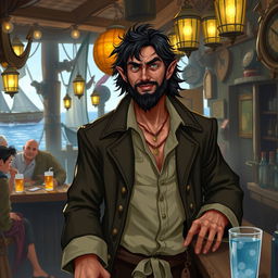 Depict Vyriss Darkwater, a rugged half-elf with dark, tousled hair and a weathered, adventurous look, standing behind the bar of his lively dockside tavern