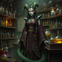 Illustrate Thalira Venomsong, a Yuan-ti Malison merchant with snake-like features, wearing elaborate robes decorated with alchemical symbols and poison vials