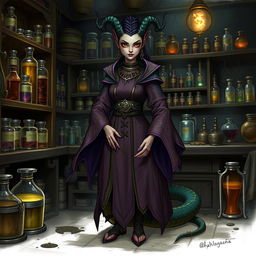 Illustrate Thalira Venomsong, a Yuan-ti Malison merchant with snake-like features, wearing elaborate robes decorated with alchemical symbols and poison vials