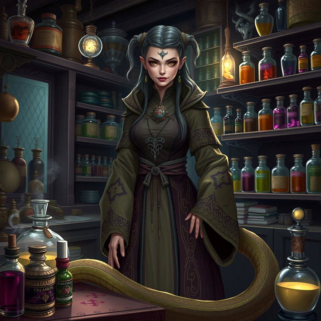 Illustrate Thalira Venomsong, a Yuan-ti Malison merchant with snake-like features, wearing elaborate robes decorated with alchemical symbols and poison vials