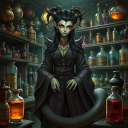 Illustrate Thalira Venomsong, a Yuan-ti Malison merchant with snake-like features, wearing elaborate robes decorated with alchemical symbols and poison vials