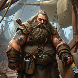 Depict Drazik Ironfist, a grizzled dwarf Master Shipwright with a thick, weathered beard and a sturdy, muscular build