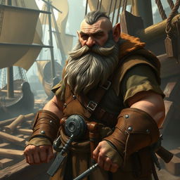 Depict Drazik Ironfist, a grizzled dwarf Master Shipwright with a thick, weathered beard and a sturdy, muscular build