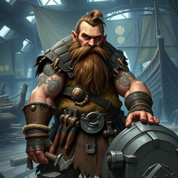 Depict Drazik Ironfist, a grizzled dwarf Master Shipwright with a thick, weathered beard and a sturdy, muscular build