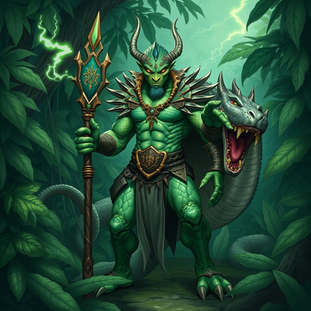 Illustrate Vrask Thunderscale, a Yuan-ti beastmaster with emerald green scales and serpentine features