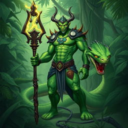 Illustrate Vrask Thunderscale, a Yuan-ti beastmaster with emerald green scales and serpentine features