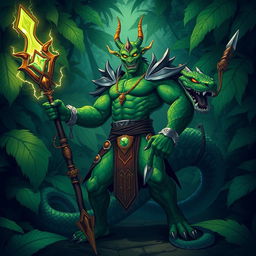 Illustrate Vrask Thunderscale, a Yuan-ti beastmaster with emerald green scales and serpentine features