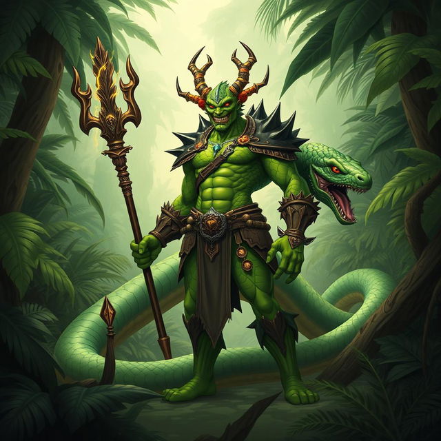 Illustrate Vrask Thunderscale, a Yuan-ti beastmaster with emerald green scales and serpentine features