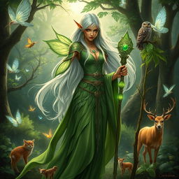 Depict Thessira Sunwing, an elegant elven druid with flowing green robes and delicate, leaf-like armor