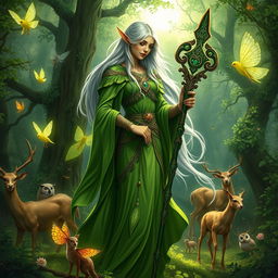 Depict Thessira Sunwing, an elegant elven druid with flowing green robes and delicate, leaf-like armor