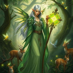 Depict Thessira Sunwing, an elegant elven druid with flowing green robes and delicate, leaf-like armor